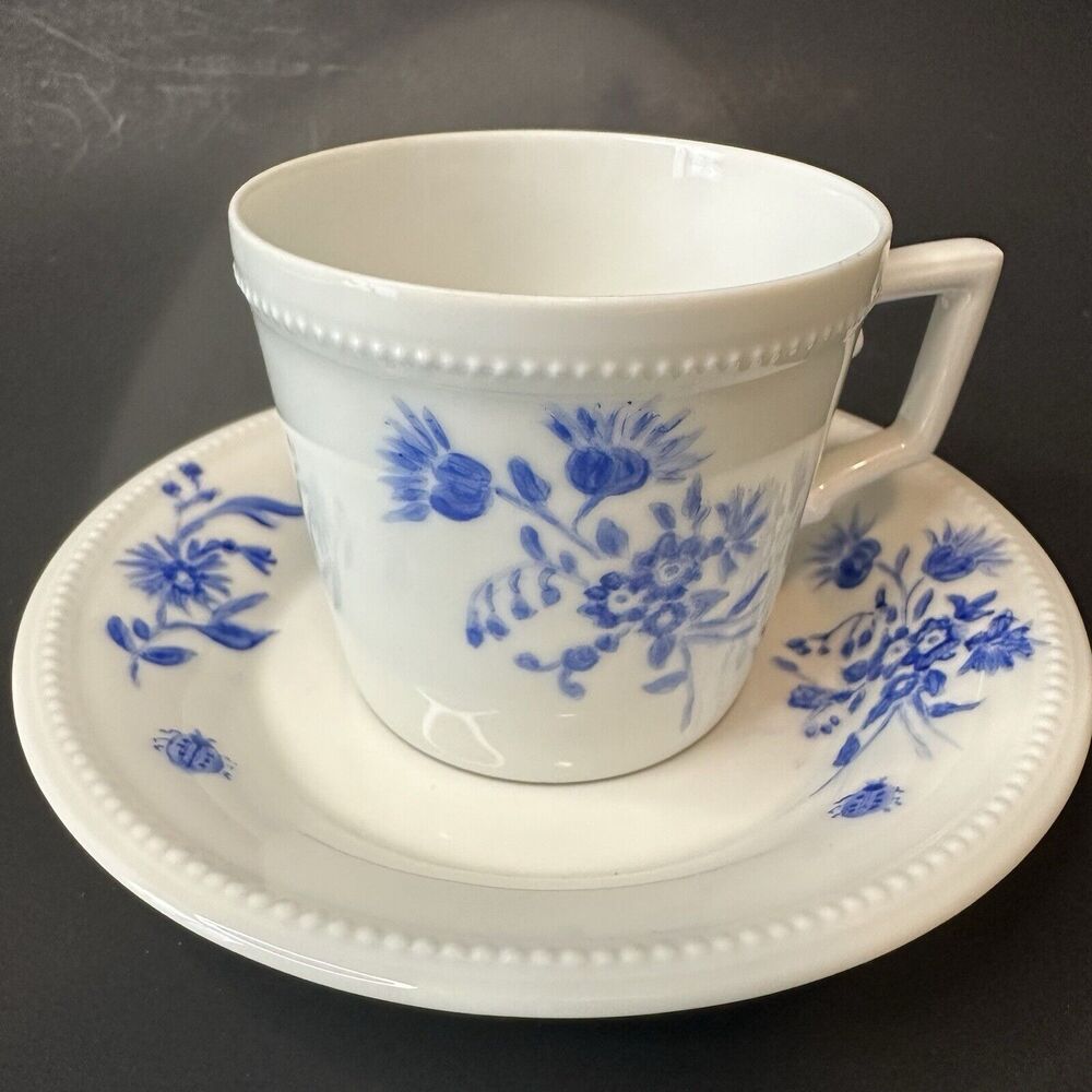 Kaiser W Germany N.R.6 White and Blue Cup&Saucer Beaded Edge Blue Flowers/Stems